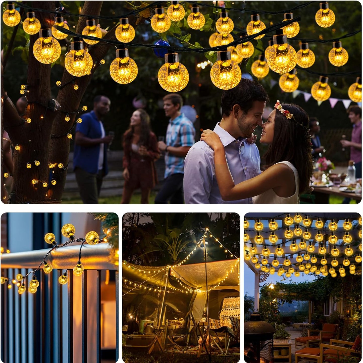 Solar Garden String Lights – 60 LED Crystal Ball. 12M. 8 Modes. IP65 Waterproof. Warm White