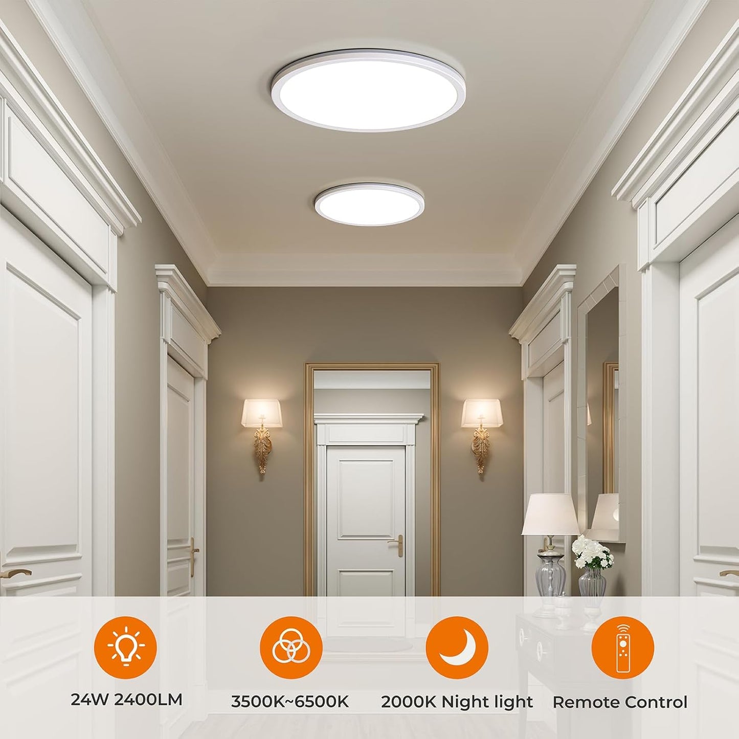 LED Ceiling Light 24W Dimmable with Remote. 2000K-6500K Round Panel