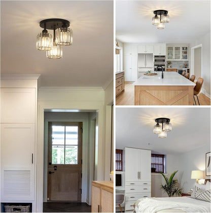 Modern Crystal Chandeliers Ceiling Light. 3-Lights Crystal Ceiling Lights Living Room. Black Semi Flush Ceilings Light Fittings for Hallway
