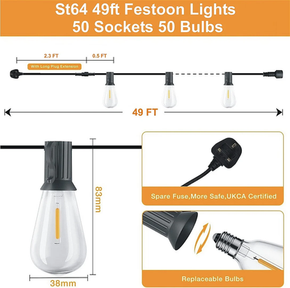 48FT Outdoor LED String Lights. S14 Festoon Lights with 15 E27 Sockets. IP65 Waterproof. 2700K Warm White for Garden. Patio. Party