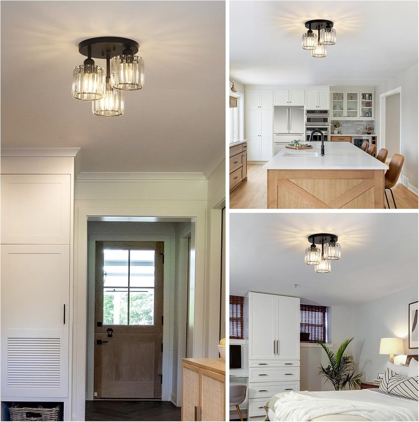 Modern Crystal Chandeliers Ceiling Light. 3-Lights Crystal Ceiling Lights Living Room. Black Semi Flush Ceilings Light Fittings for Hallway