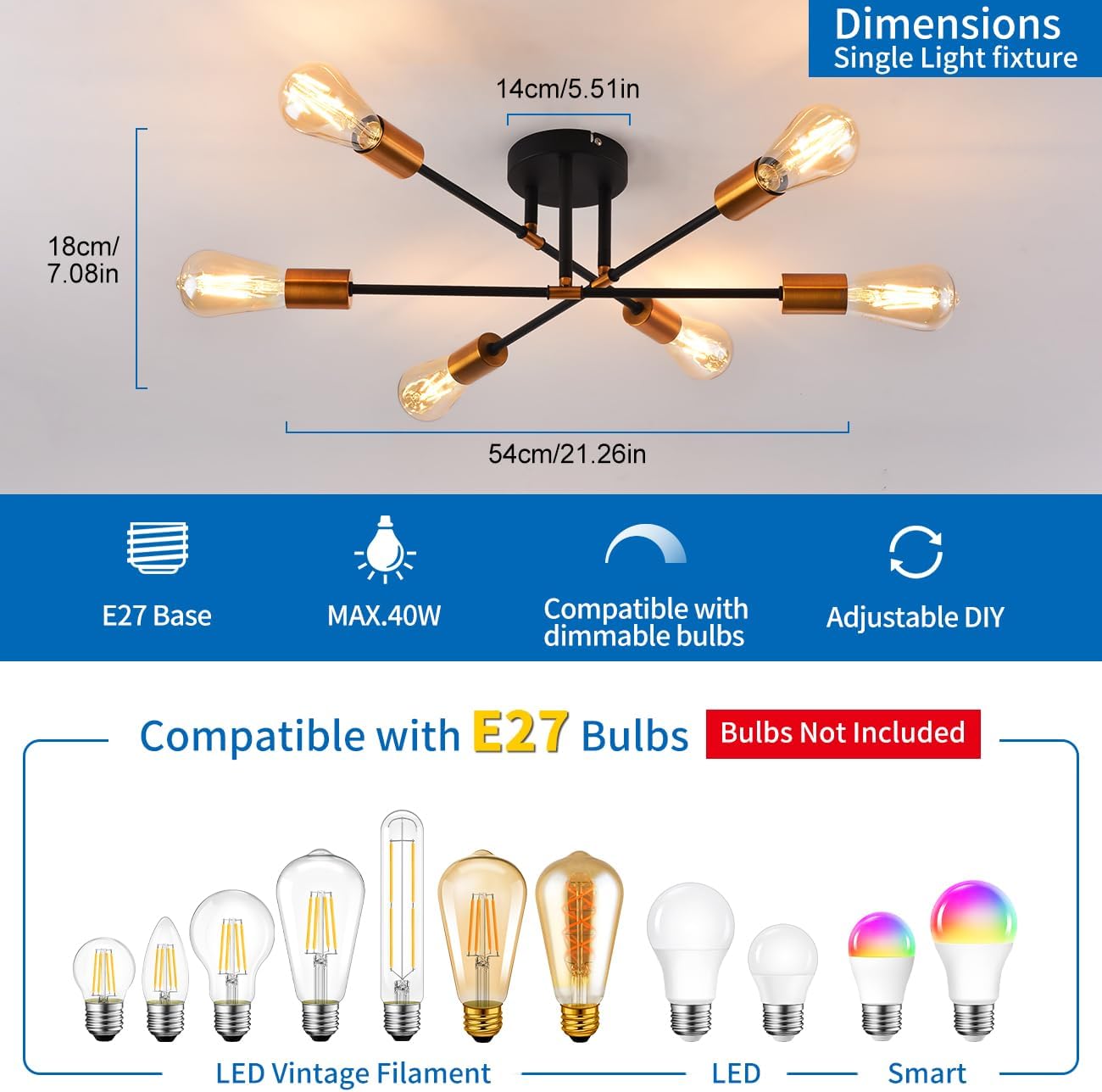 Modern 6-Light Gold Black Sputnik Ceiling Light. E27 Base