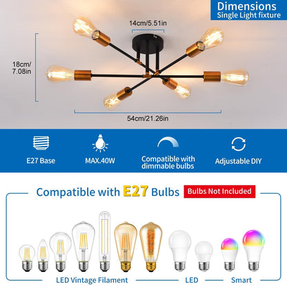 Modern 6-Light Gold Black Sputnik Ceiling Light. E27 Base