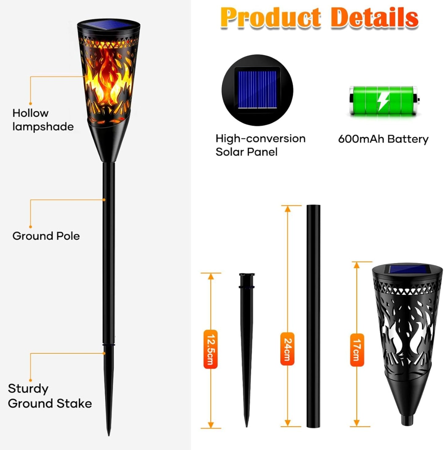 Solar Torch Lights – 6 Pack. Flickering Flame & Steady Modes. Waterproof Outdoor Garden Lights