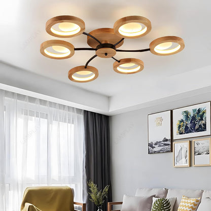 94cm LED Wooden Ceiling Light – Dimmable with Remote. Flower Design