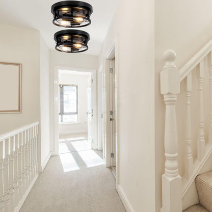 Industrial Round Black Ceiling Light with Dual E27 Fittings