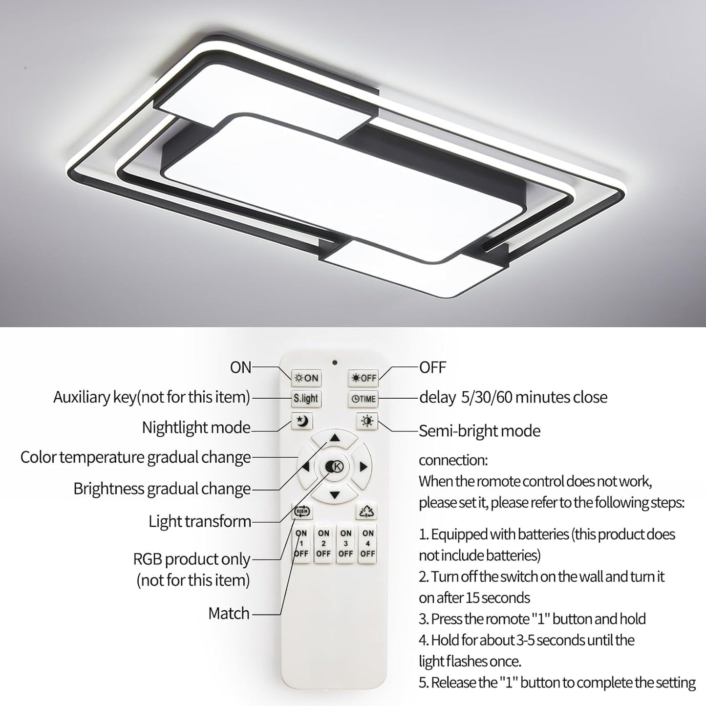 Modern Dimmable LED Ceiling Light with Remote. 90×60CM. 3000–6500K