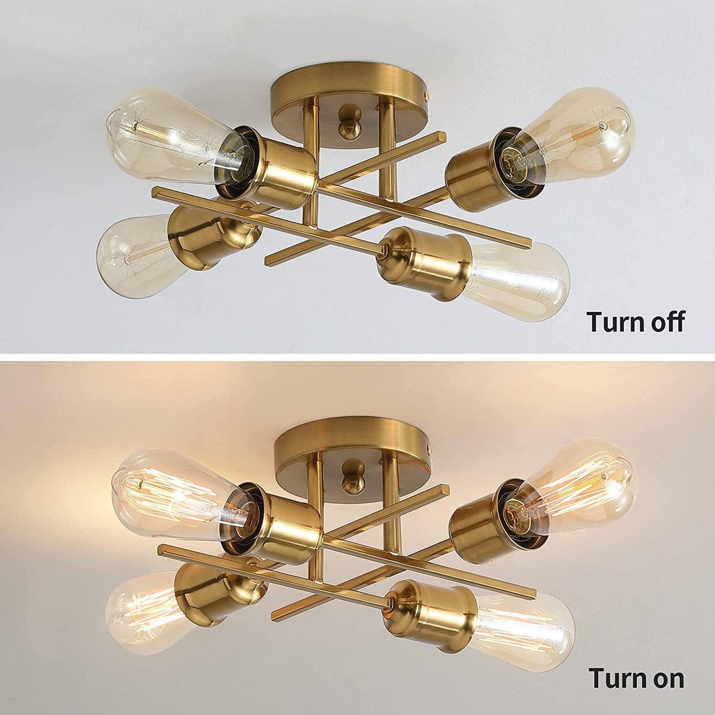 Gold 4-Light Semi Flush Ceiling Light. E27 Base