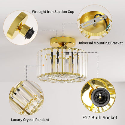 Gold Crystal Semi Flush Mount Ceiling Light. Modern Industrial Fixture