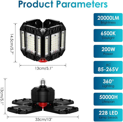 200W LED Garage Light 1 Pack - 20000LM 6500K Deformable Ceiling Lighting Fixture with 12 Adjustable Panels - E26/E27 Bay Light for Basement