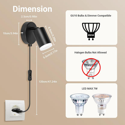 Wall Lights with Switch. Adjustable GU10 Plug-In Lamps 2 Pack