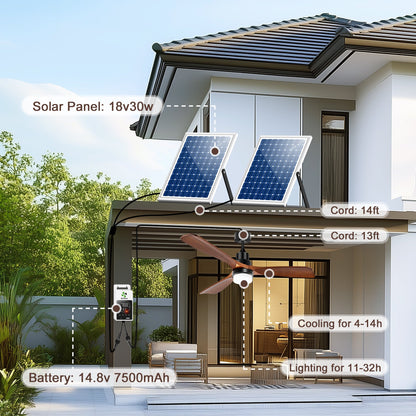 Solar Ceiling Fan for Outside 3 Speeds. Outdoor Ceiling Fans with Light & Battery. Quiet Wood Walnut Fan with Adjustable Thermostat for Gazebo. Patios (42inch)