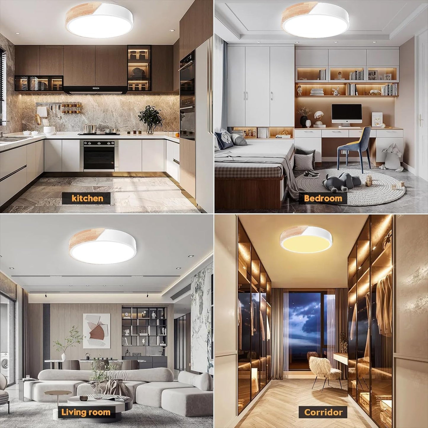 Wooden LED Ceiling Light. Dimmable Modern Fixture with Remote