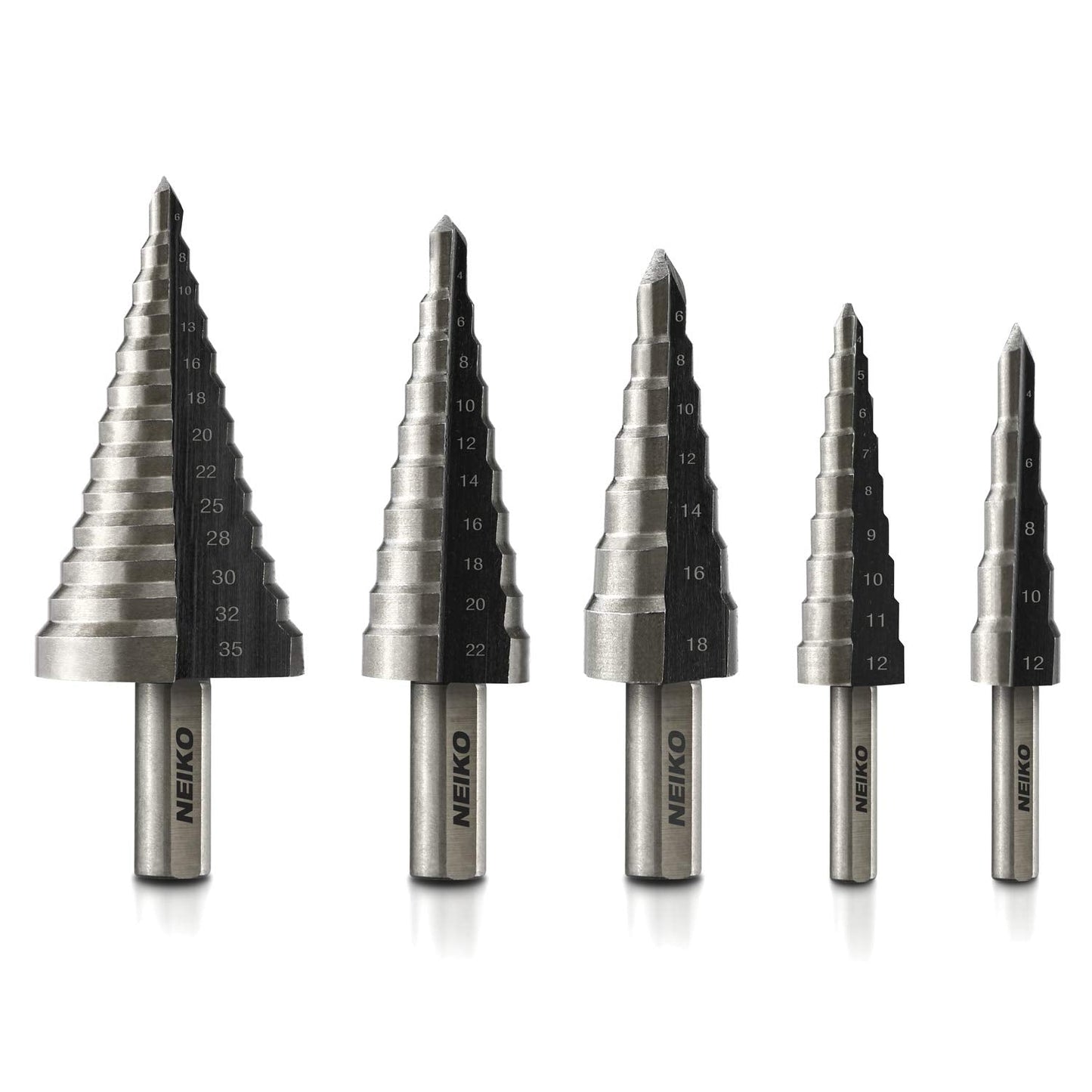 10198A 5-Piece Step Drill Bit Set - Metric Titanium High Speed Steel. 4mm to 35mm. Two Flute Design. 135° Point for Precision Drilling