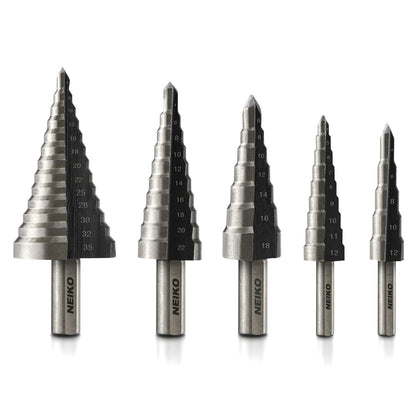 10198A 5-Piece Step Drill Bit Set - Metric Titanium High Speed Steel. 4mm to 35mm. Two Flute Design. 135° Point for Precision Drilling