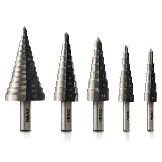 10198A 5-Piece Step Drill Bit Set - Metric Titanium High Speed Steel. 4mm to 35mm. Two Flute Design. 135° Point for Precision Drilling