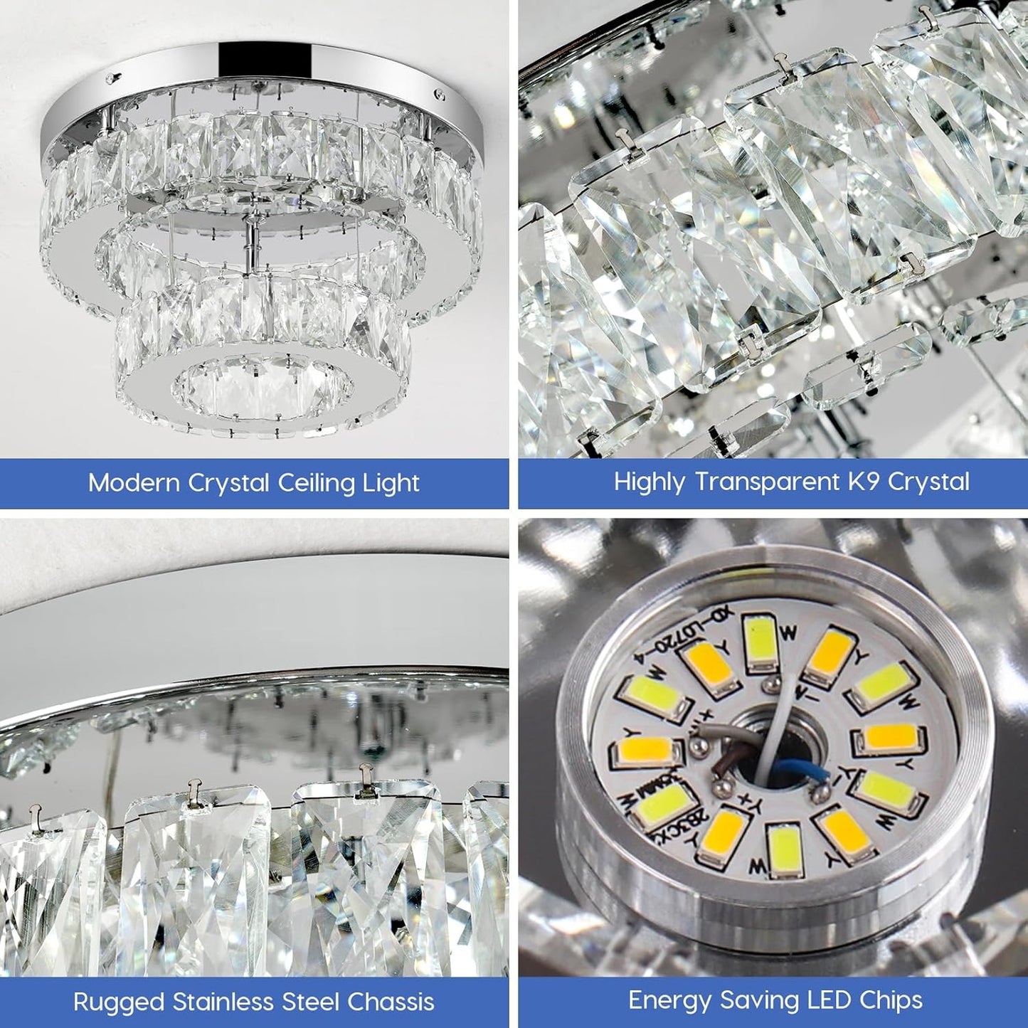 11.8 Modern Crystal Chandelier LED Flush Mount Ceiling Light Remote