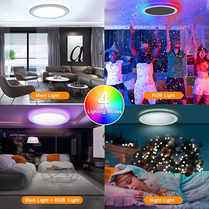 Modern Ultra-Thin 13 LED Ceiling Light. Dimmable RGB with Remote. 30W Flush Mount. 3000-6500K Sidelight Glow