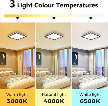 22cm Black LED Ceiling Light. 18W 1950LM Modern Square Flush Mount Fixture. Waterproof 3000K/4000K/6500K Lamp for Bathroom. Kitchen. Hallway. Bedroom. Porch. Toilet