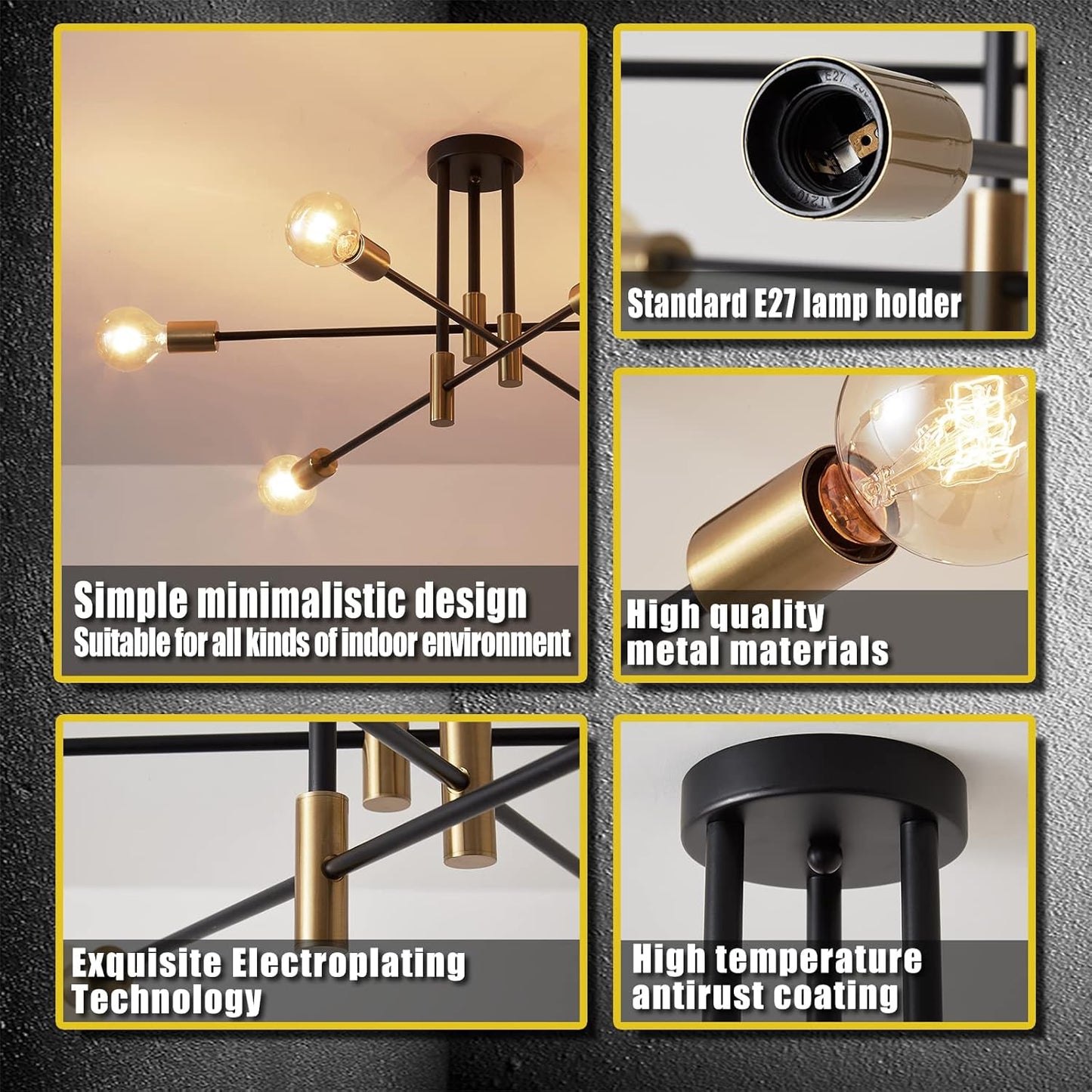 Black Gold Sputnik Chandelier 6 Lights E27 Ceiling Light Fixture