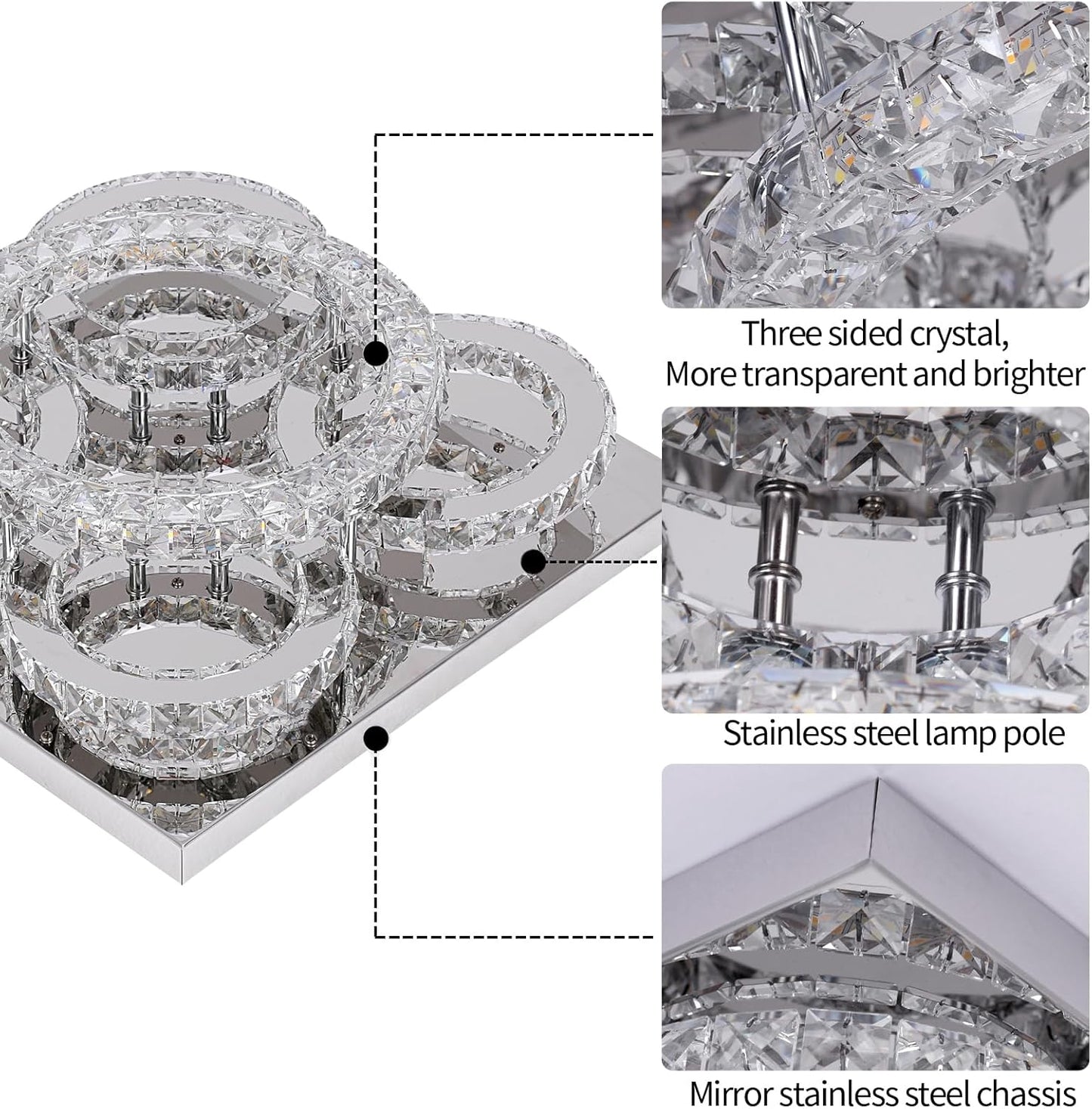 Modern Crystal LED Chandelier. 5-Ring Square Flush Mount Ceiling Light