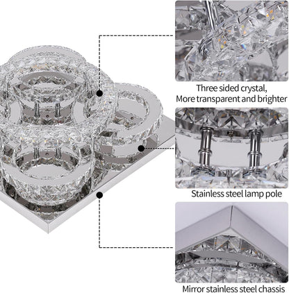 Modern Crystal LED Chandelier. 5-Ring Square Flush Mount Ceiling Light