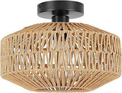 Bamboo Rattan Ceiling Light – Handmade Boho Semi-Flush Farmhouse Fixture for Rooms