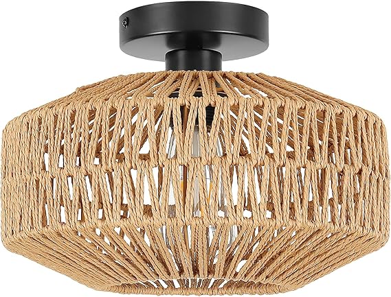 Bamboo Rattan Ceiling Light – Handmade Boho Semi-Flush Farmhouse Fixture for Rooms