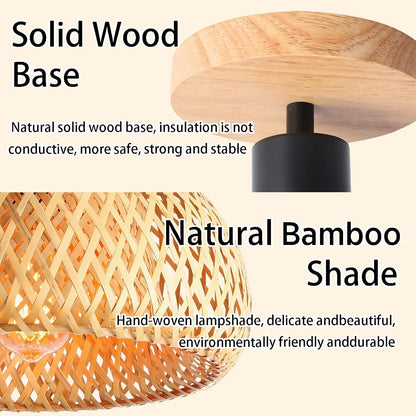 Bamboo Rattan Ceiling Light – Handmade Boho Semi-Flush Farmhouse Fixture for Rooms
