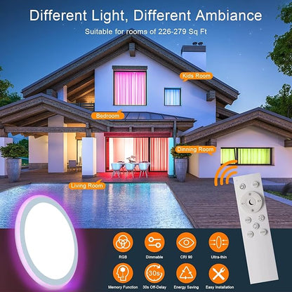 Modern Ultra-Thin 13 LED Ceiling Light. Dimmable RGB with Remote. 30W Flush Mount. 3000-6500K Sidelight Glow