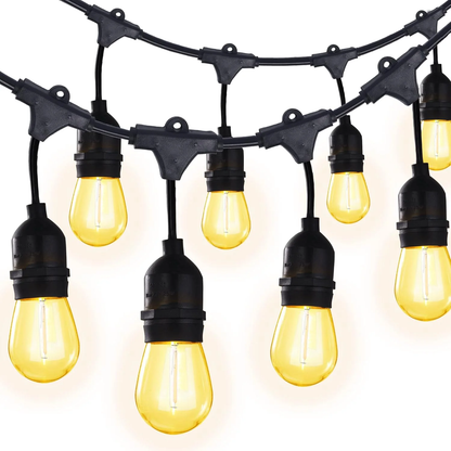 48FT Outdoor LED String Lights. S14 Festoon Lights with 15 E27 Sockets. IP65 Waterproof. 2700K Warm White for Garden. Patio. Party
