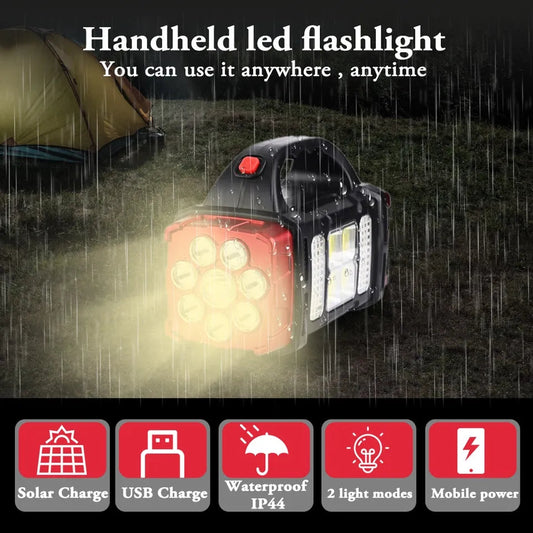 Portable Powerful Solar LED Flashlight With COB Work Lights USB Rechargeable Handheld 4 Lighting Modes