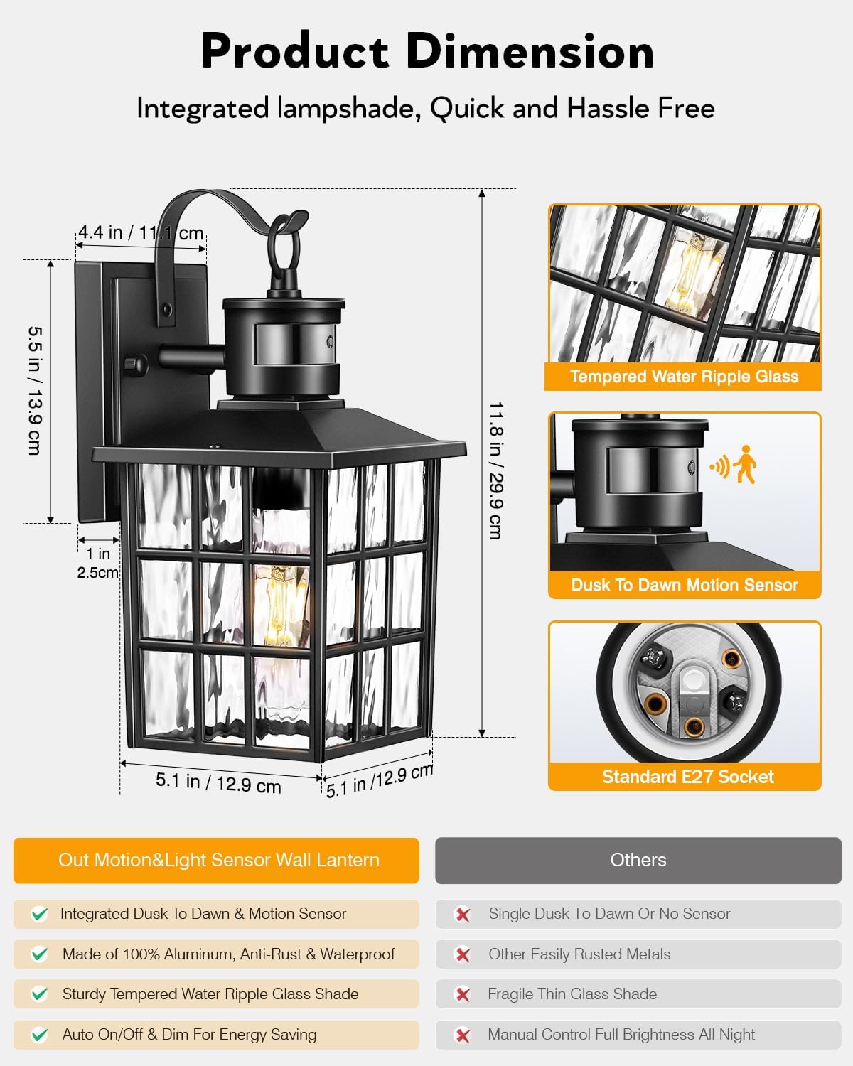 Outdoor Wall Lantern with Motion Sensor. Dusk-to-Dawn Black
