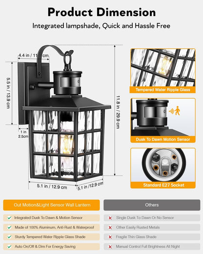 Outdoor Wall Lantern with Motion Sensor. Dusk-to-Dawn Black