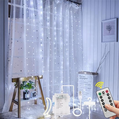 300 LED Cold White Curtain Fairy Lights with Remote