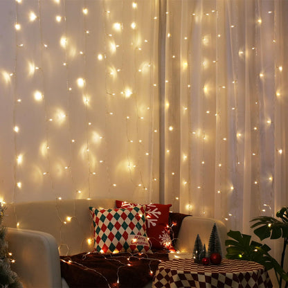 300 LED Curtain Lights – Warm White. 8 Modes
