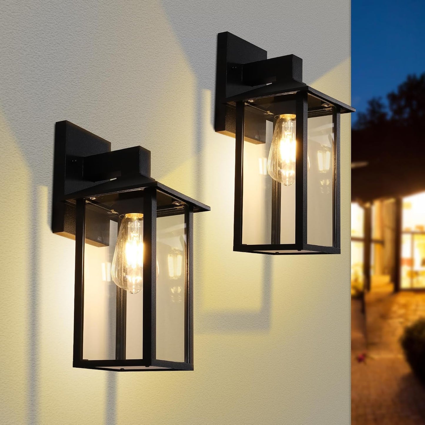 Outdoor Wall Lantern – Black Exterior Light Fixture with Glass Shade (1 Pack)