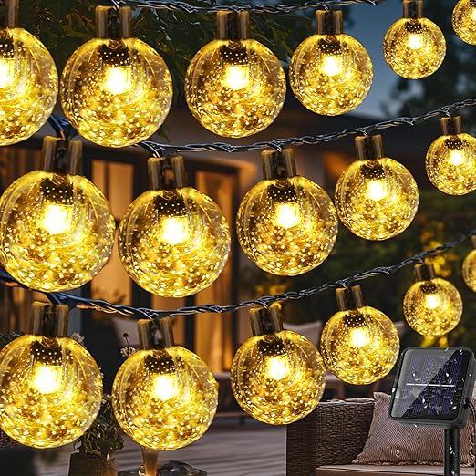 Solar Garden String Lights – 60 LED Crystal Ball. 12M. 8 Modes. IP65 Waterproof. Warm White