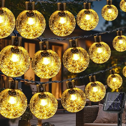 Solar Garden String Lights – 60 LED Crystal Ball. 12M. 8 Modes. IP65 Waterproof. Warm White
