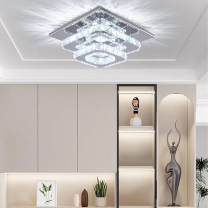 Crystal LED Ceiling Light – Modern K9 Crystal Chandelier. Stainless Steel Flush Mount Fixture for Dining & Living Room