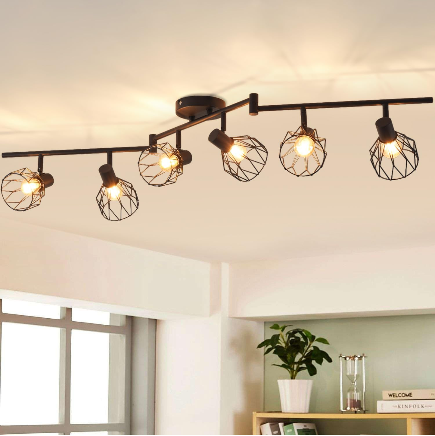 Kitchen Lights Ceiling.4 Way Black Lounge Industrial Wall Lights-Adjustable SpotLights Ceiling Lights Wire Cage with E14 Base. Light Fittings Ceilings