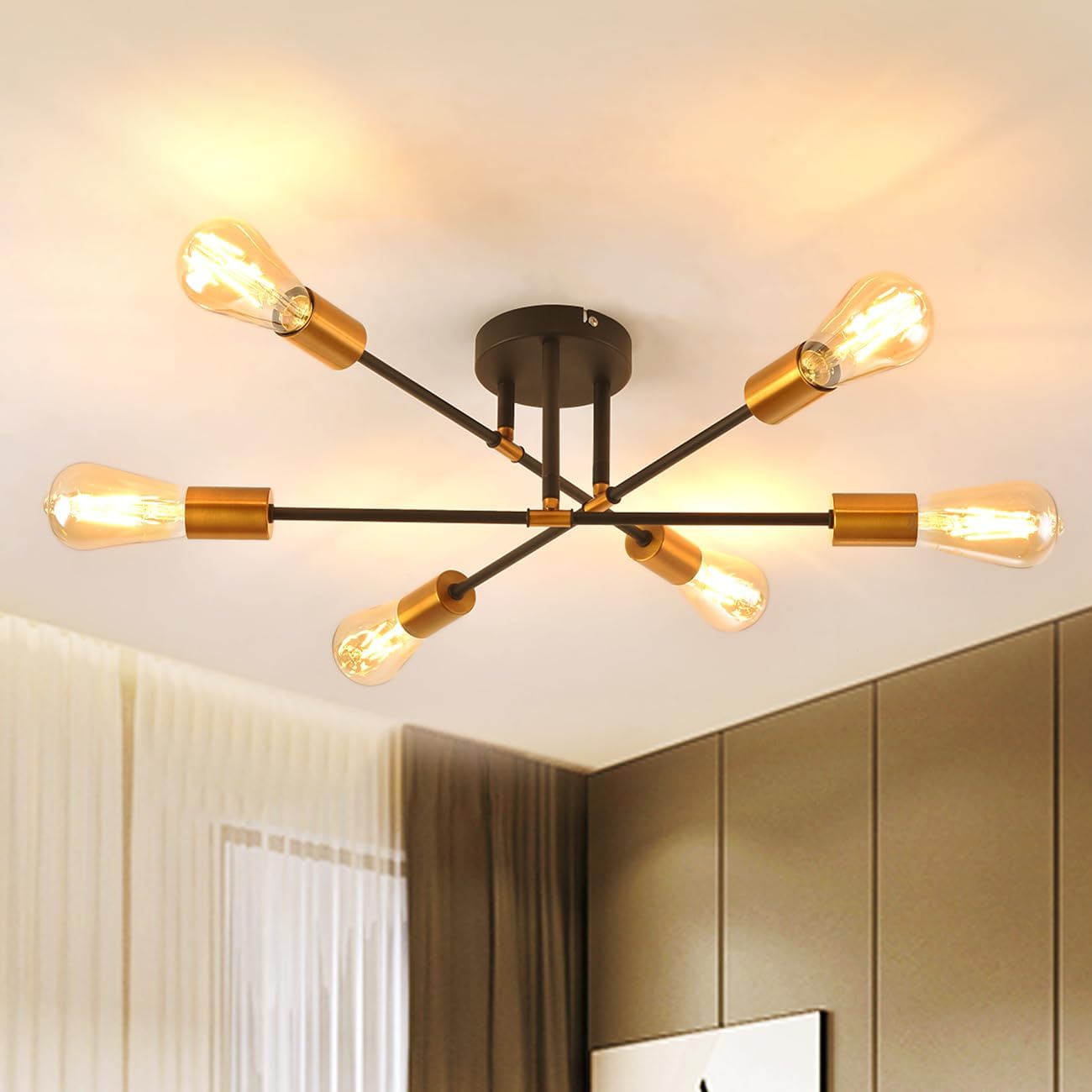 Modern 6-Light Gold Black Sputnik Ceiling Light. E27 Base