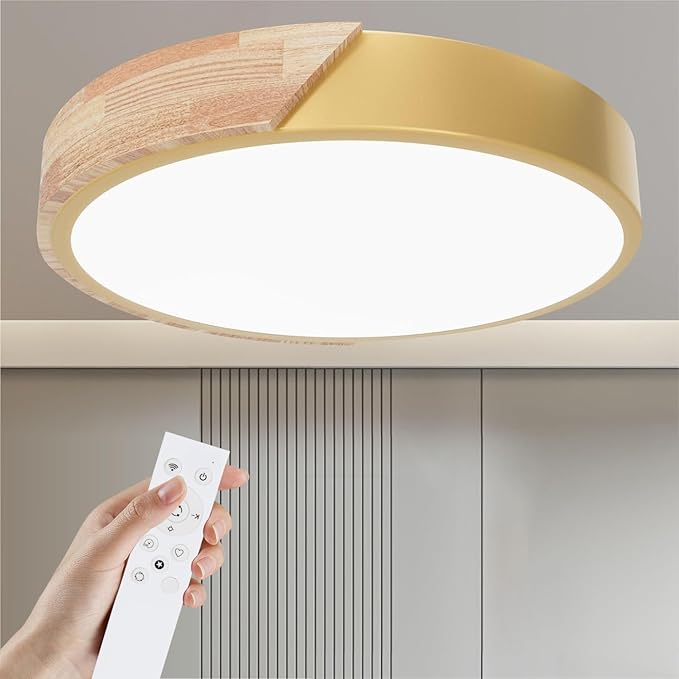 Wooden LED Ceiling Light. Dimmable Modern Fixture with Remote