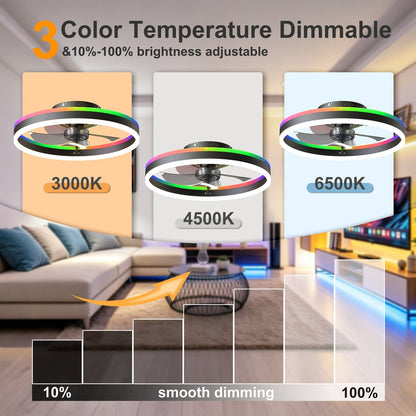 19.7 RGB Flush Mount Ceiling Fan with Light for Bedroom
