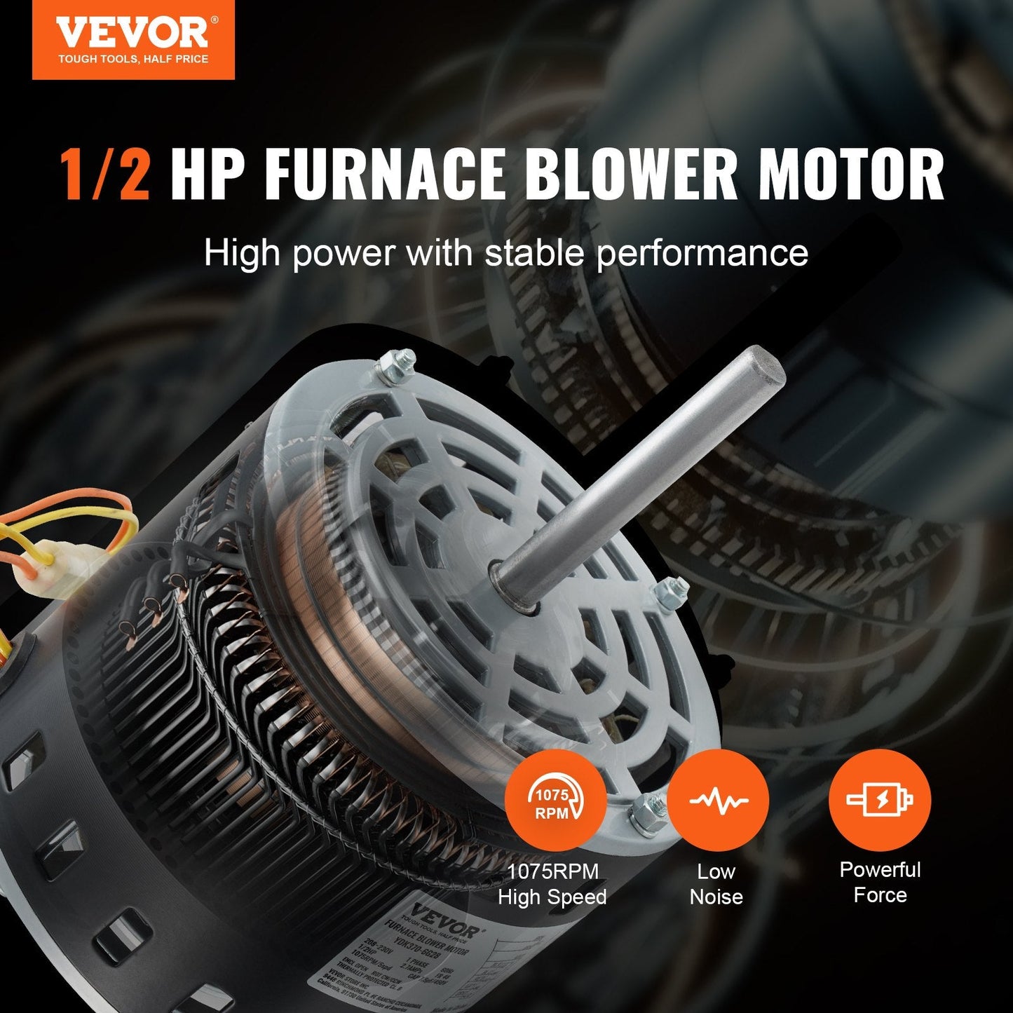 1/2HP Furnace Blower Motor. 208/230V 2.7Amps. 1075RPM 5 Speeds. CW/CCW Rotation. 48 Frame 3.4' Shaft Length. 7.5μF/450V Capacitor + 11' Hold Hoop