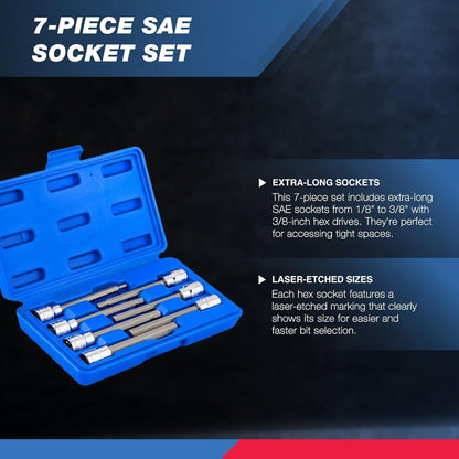 10072A 7-Piece Extra Long Allen Hex Bit Socket Set | 3/8-Inch Drive. SAE. Durable S2 & Cr-V Steel. 1/8-Inch to 3/8-Inch
