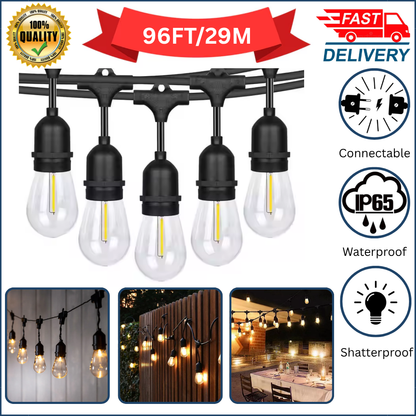48FT Outdoor LED String Lights. S14 Festoon Lights with 15 E27 Sockets. IP65 Waterproof. 2700K Warm White for Garden. Patio. Party