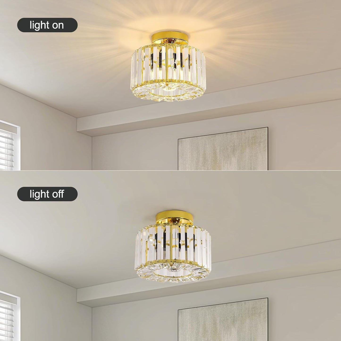 Gold Crystal Semi Flush Mount Ceiling Light. Modern Industrial Fixture