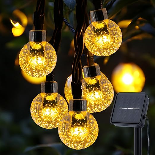 Solar Garden String Lights – 60 LED Crystal Ball. 12M. 8 Modes. IP65 Waterproof. Warm White