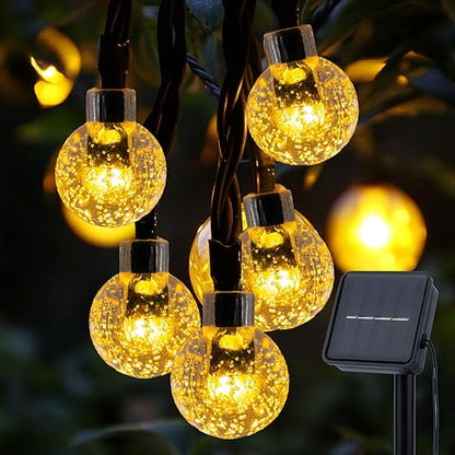 Solar Garden String Lights – 60 LED Crystal Ball. 12M. 8 Modes. IP65 Waterproof. Warm White